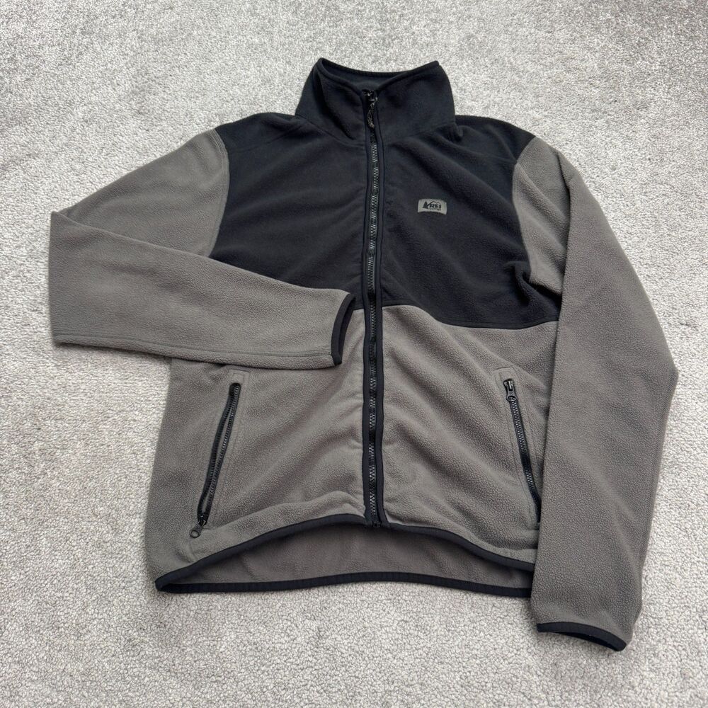 REI Co-Op Colorblock Fleece Jacket Mens Small Black Gray Full Zip Pocket Outdoor